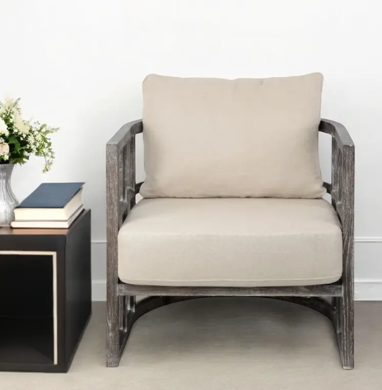 30" Cream and Brown Fabric Distressed Arm Chair