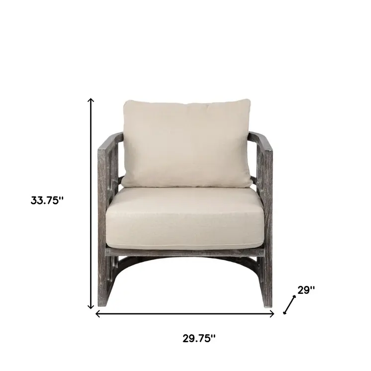 30" Cream and Brown Fabric Distressed Arm Chair