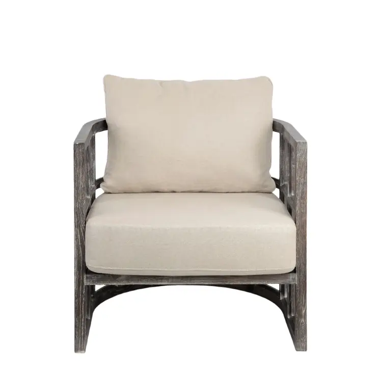 30" Cream and Brown Fabric Distressed Arm Chair