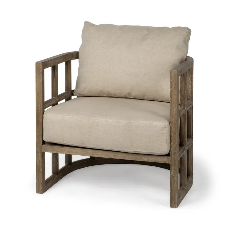 30" Cream and Brown Fabric Arm Chair