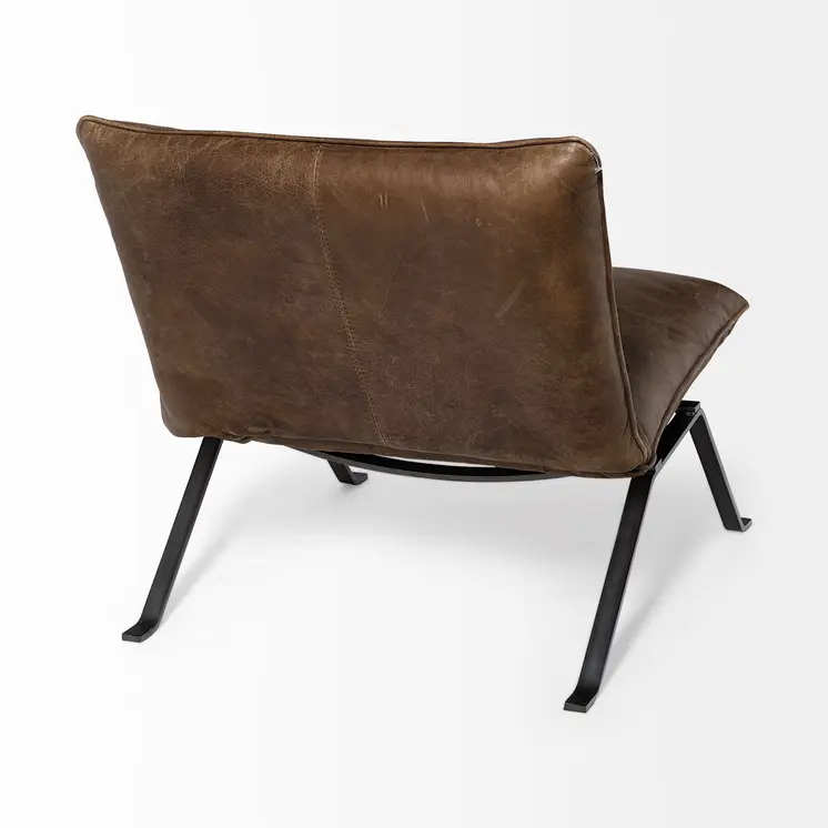 34" Brown and Black Top Grain Leather Distressed Slipper Chair