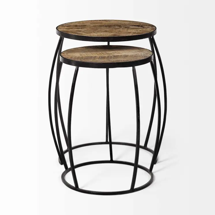 Set of Two 26" Black And Brown Solid Wood Round End Table
