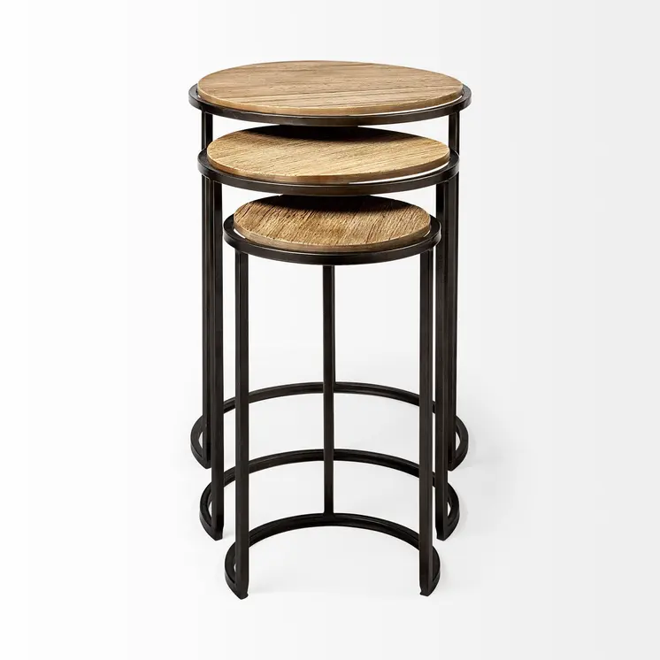 Set of Three 27" Black And Brown Solid Wood Round End Table