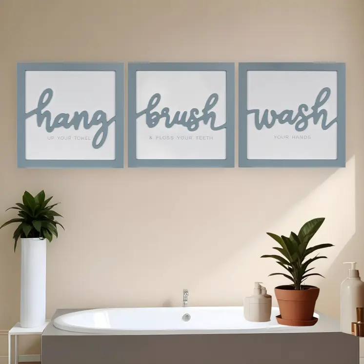 Set Of 3 Blue Hang Brush Wash Framed Wall Art