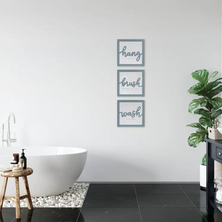 Set Of 3 Blue Hang Brush Wash Framed Wall Art
