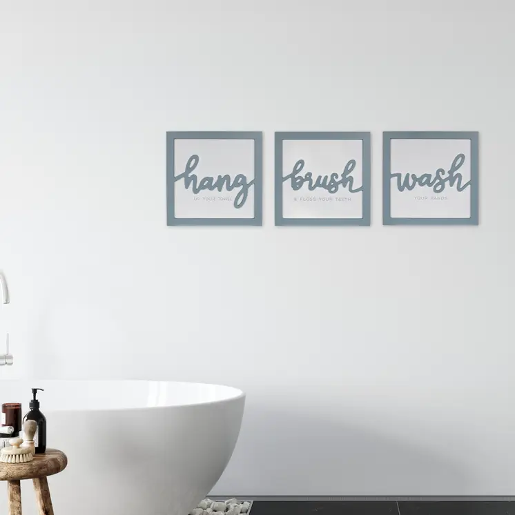 Set Of 3 Blue Hang Brush Wash Framed Wall Art