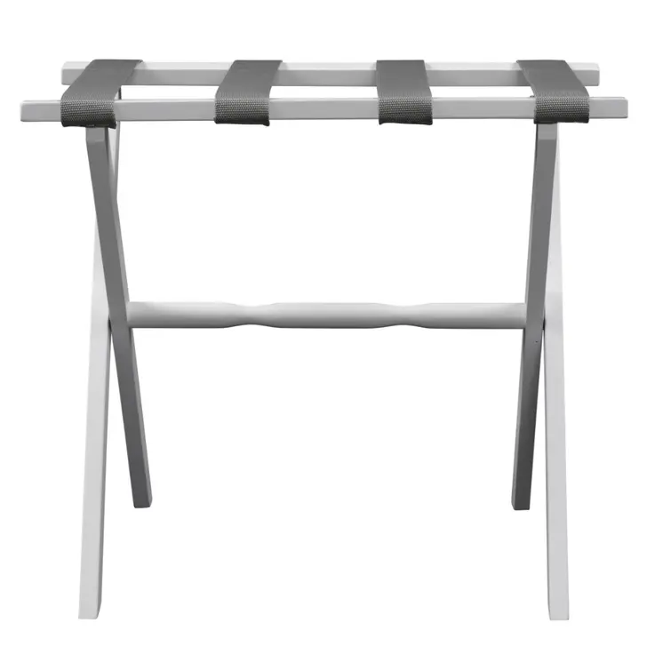 Hotel White Finish Wood Folding Luggage Rack With Gray Straps