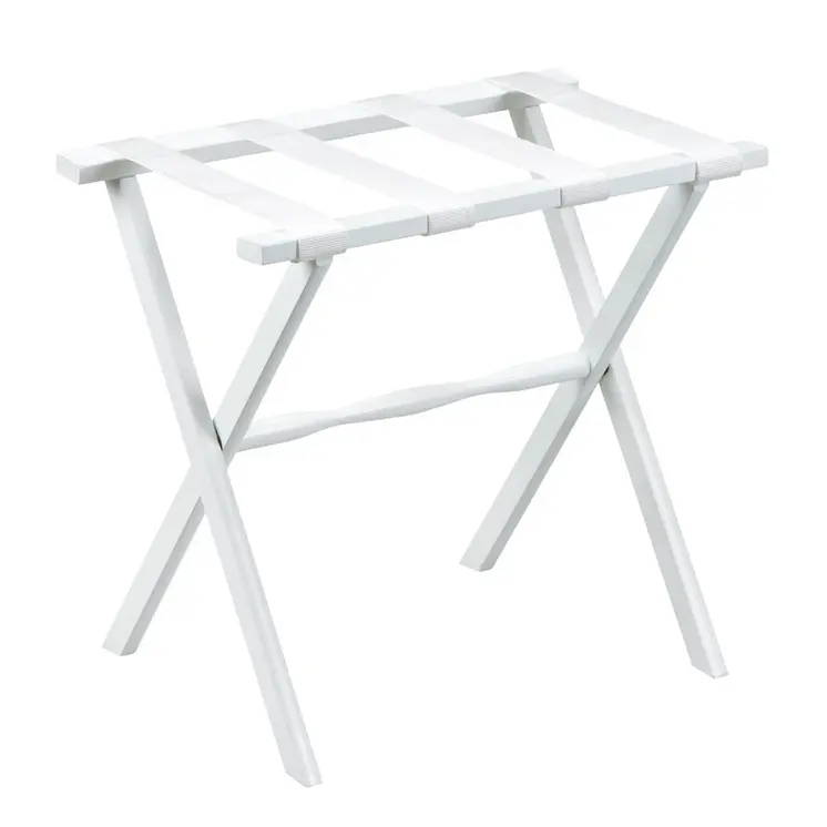 Hotel White Finish Wood Folding Luggage Rack With White Straps