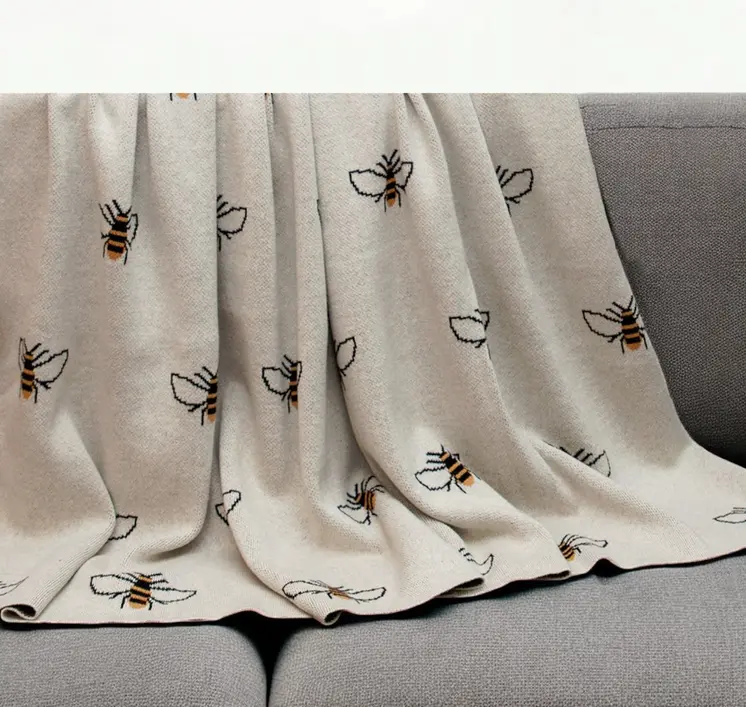 Ivory Bumble Bee Knitted Throw Blanket