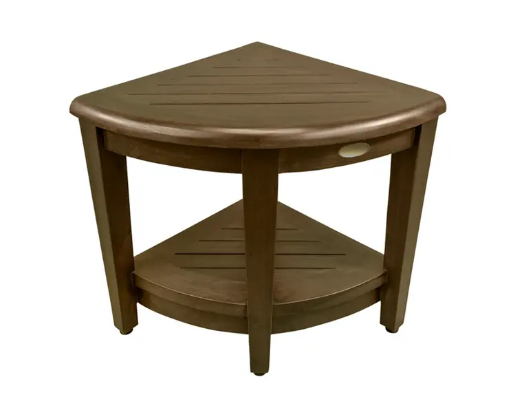 Curvilinear Dark Brown Teak 18" Corner Shower Bench With Shelf