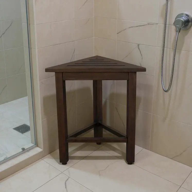 17" Dark Brown Teak Corner Shower Bench