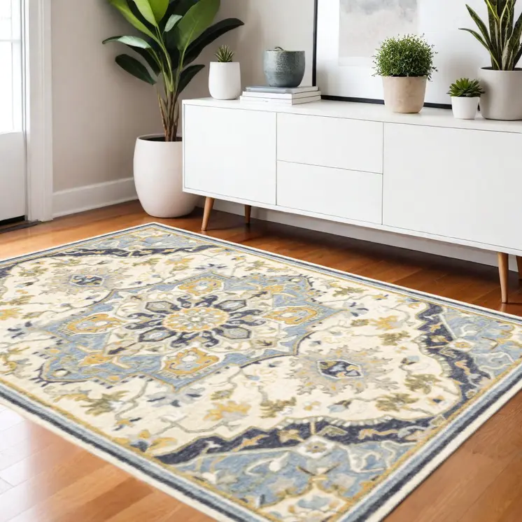 4' X 6' Blue And Ivory Bohemian Area Rug