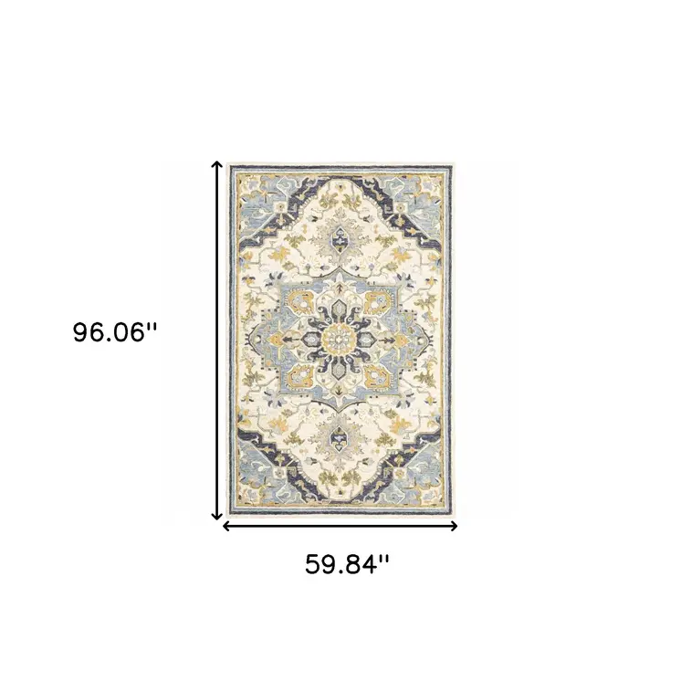 5' X 8' Blue And Ivory Bohemian Area Rug