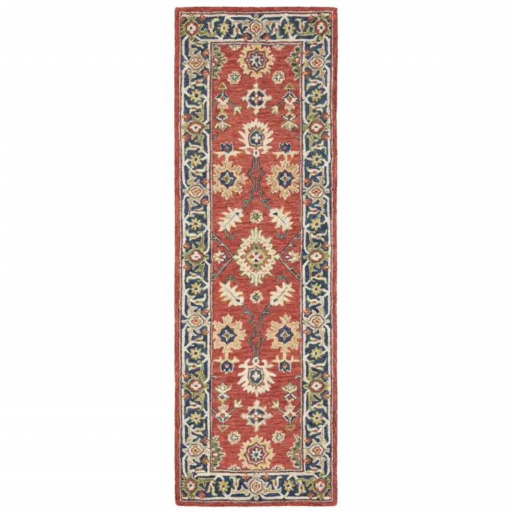 8' Red And Green Wool Hand Tufted Runner Rug