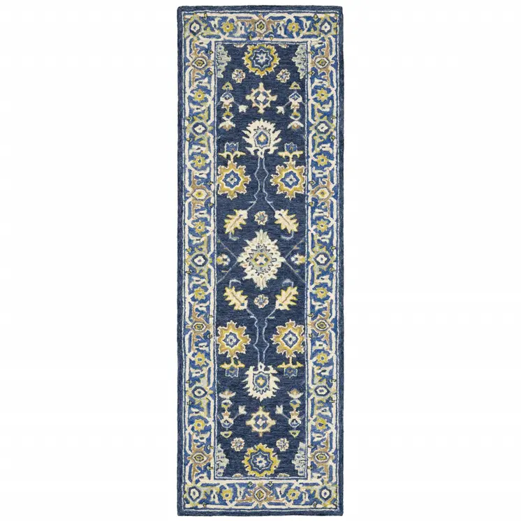 8' Blue And Gold Wool Hand Tufted Runner Rug