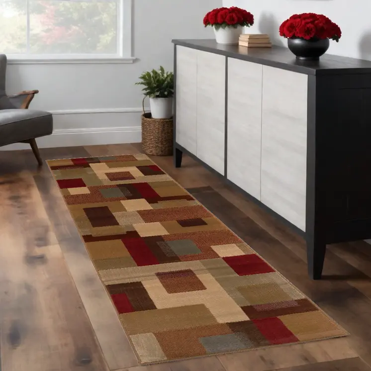 3' X 8' Red And Tan Geometric Runner Rug