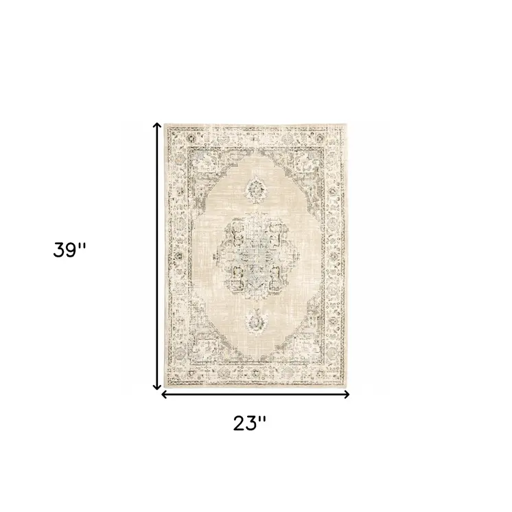 2' X 3' Beige and Ivory Power Loom Area Rug