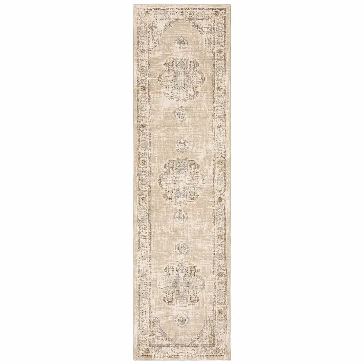 8' Beige And Ivory Medallion Runner Rug
