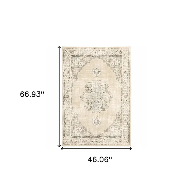 4' X 6' Beige And Ivory Center Jewel Area Rug