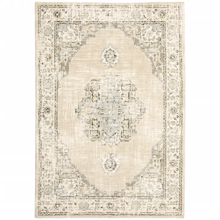 7' X 9' Beige And Ivory Center Jewel Area Rug