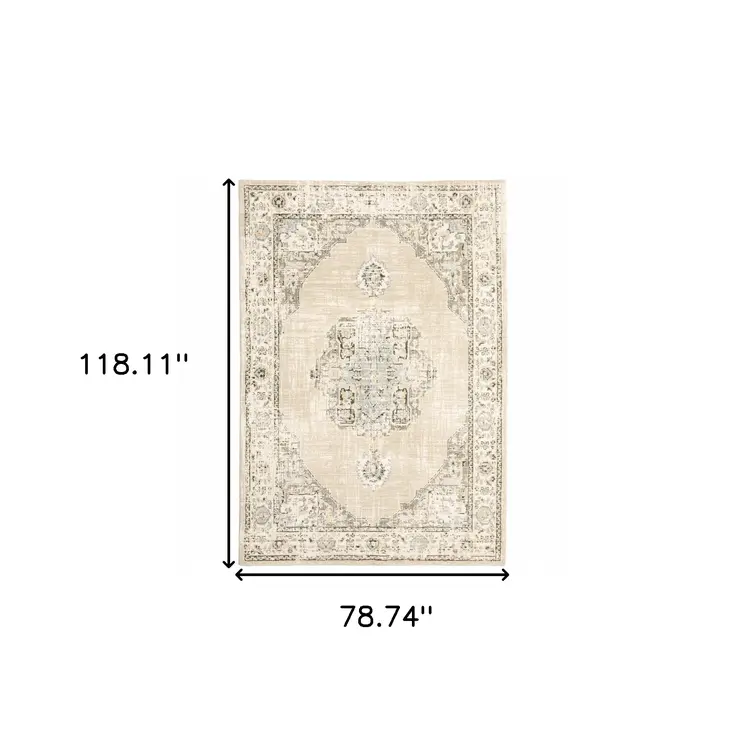 7' X 9' Beige And Ivory Center Jewel Area Rug