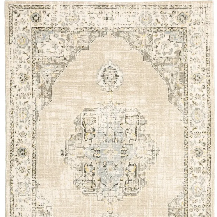 7' X 9' Beige And Ivory Center Jewel Area Rug