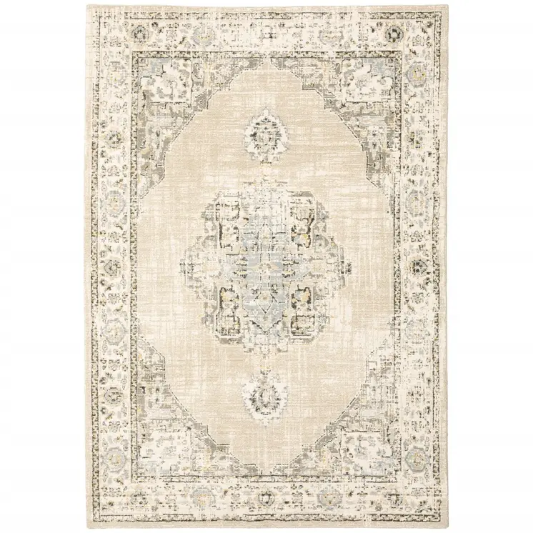 8' X 10' Beige And Ivory Center Jewel Area Rug