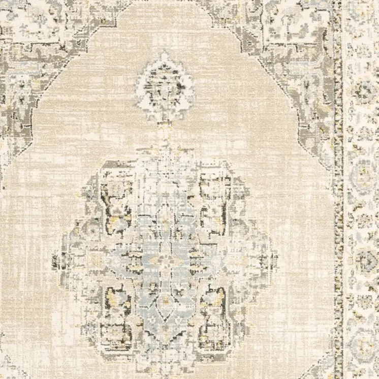 9' X 12' Beige And Ivory Center Jewel Area Rug