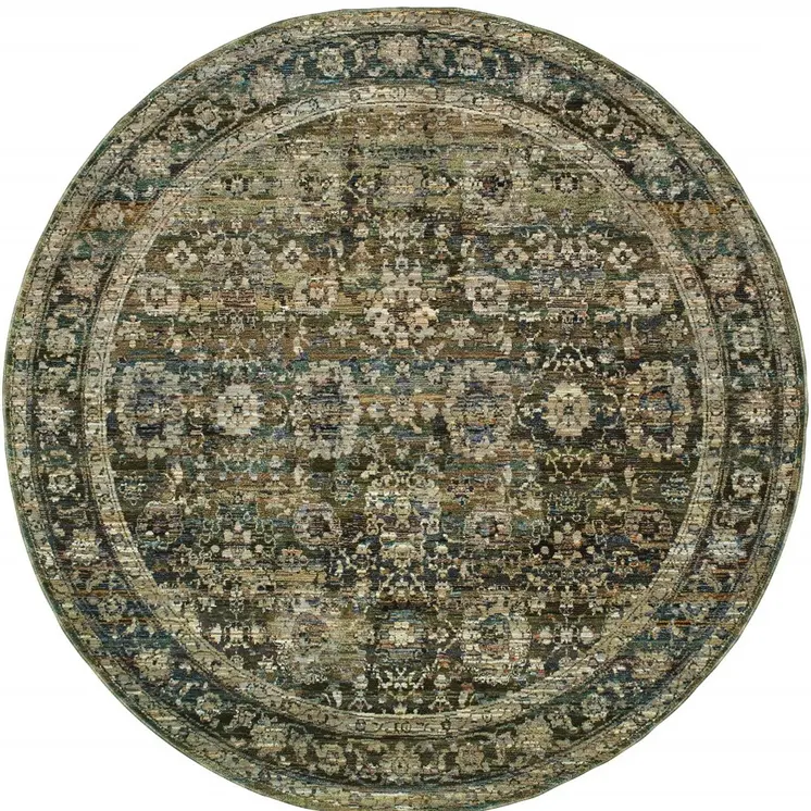 7' Round Green And Brown Floral Area Rug
