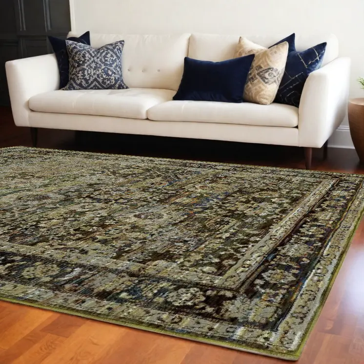 10' X 14' Green And Brown Floral Area Rug