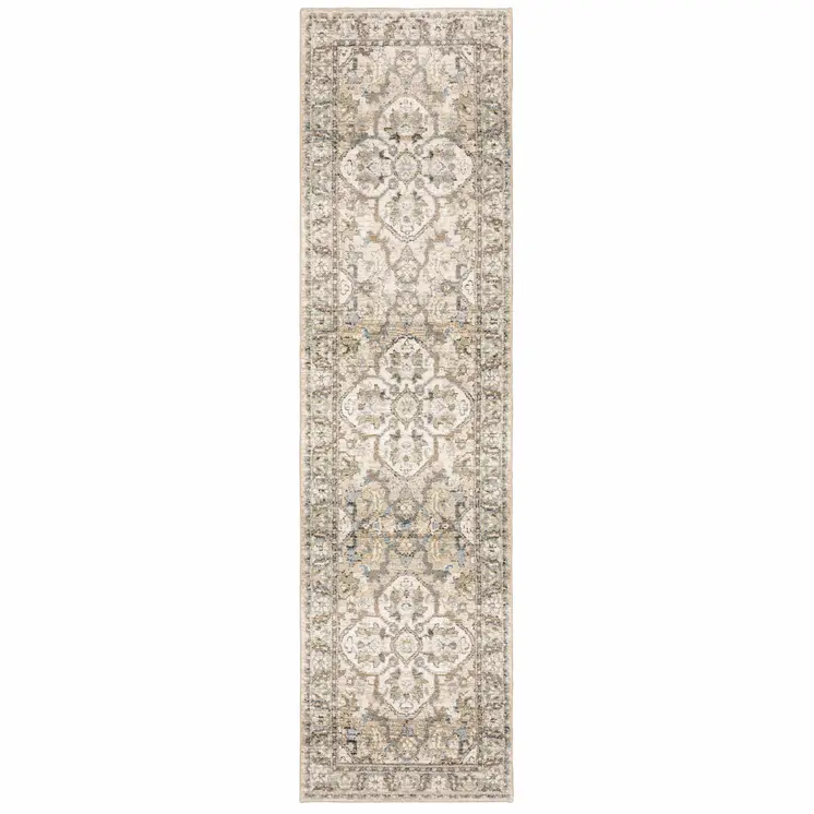 2' X 8' Beige And Ivory Medallion Runner Rug