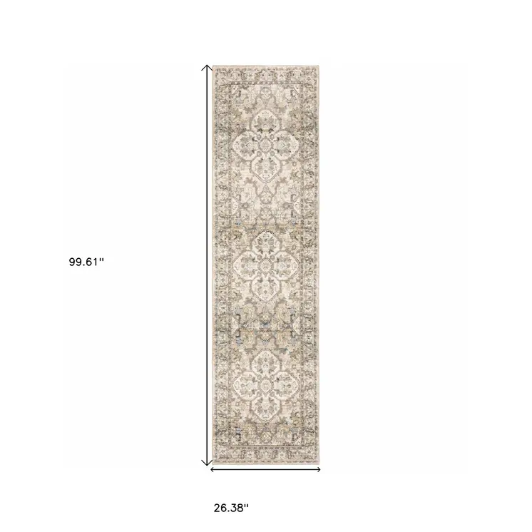 2' X 8' Beige And Ivory Medallion Runner Rug