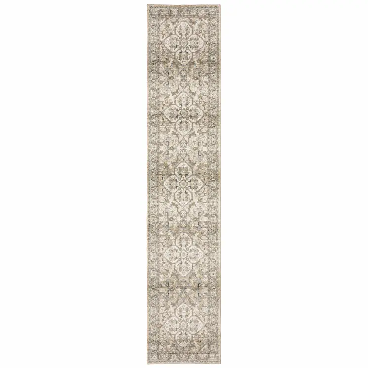 3' X 12' Beige And Ivory Medallion Runner Rug