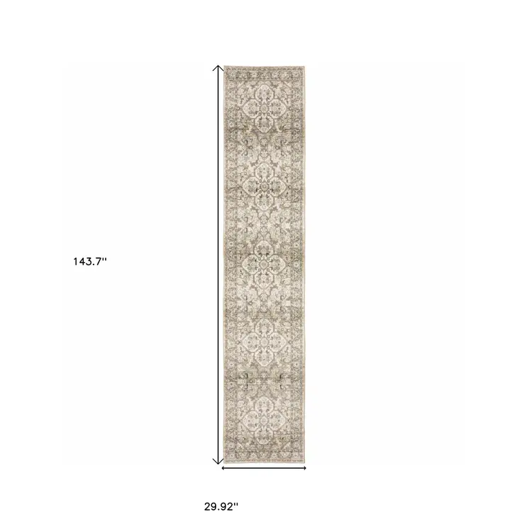 3' X 12' Beige And Ivory Medallion Runner Rug