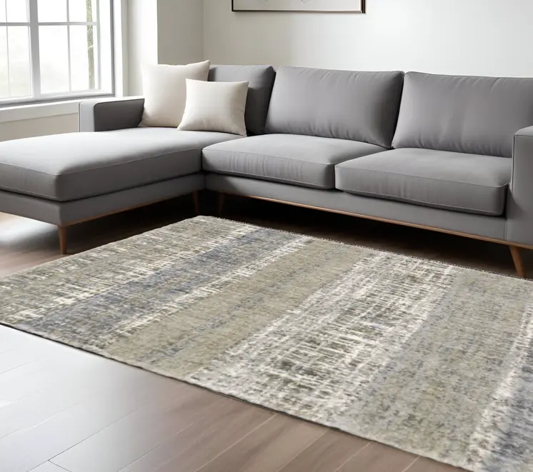 7' X 9' Grey And Ivory Abstract Lines Area Rug