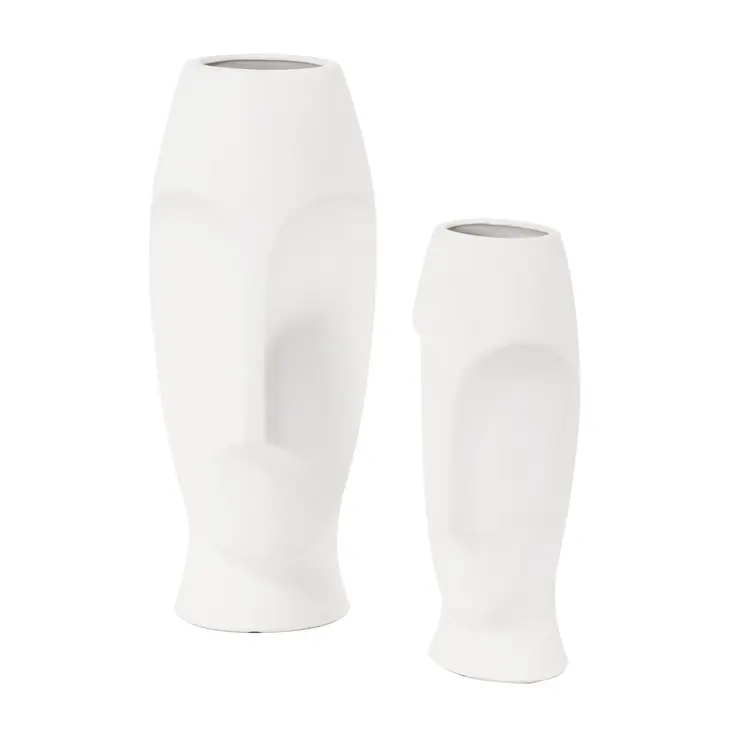 Set of Two Ceramic White Cylinder Table Vases