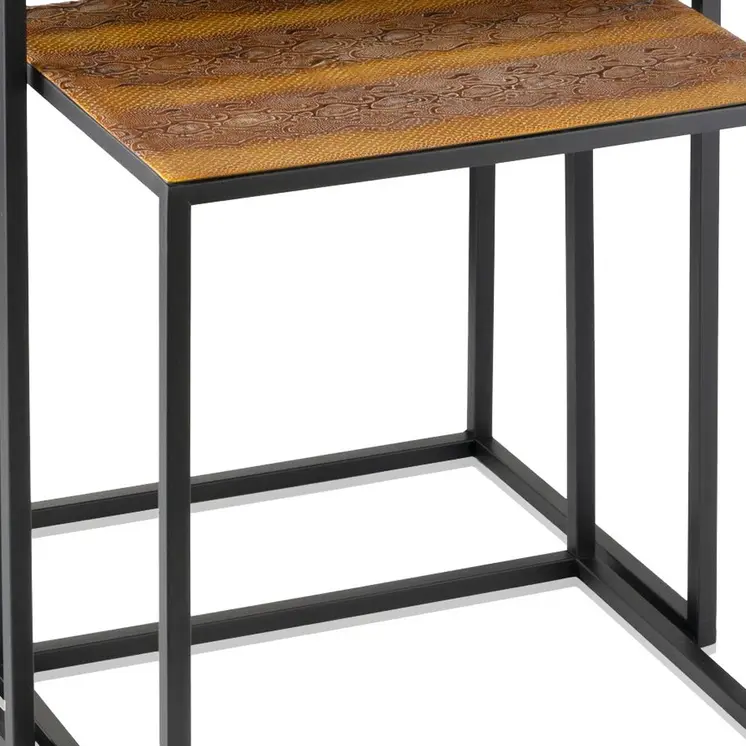 Set of Two Brown and Black Metal And Faux Snake Leather Nesting End Tables