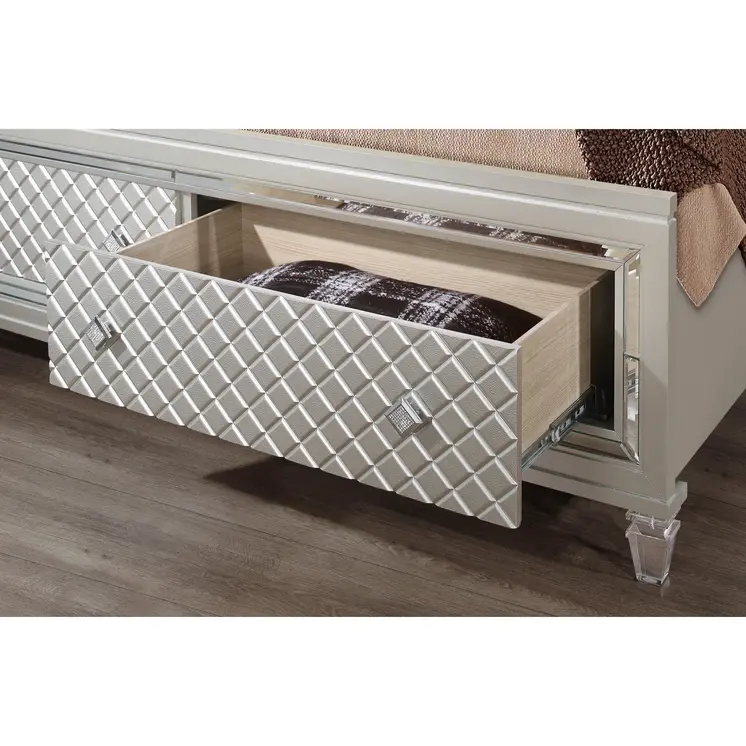 Champagne Tone Queen Bed With Padded Headboard  Led Lightning  2 Drawer
