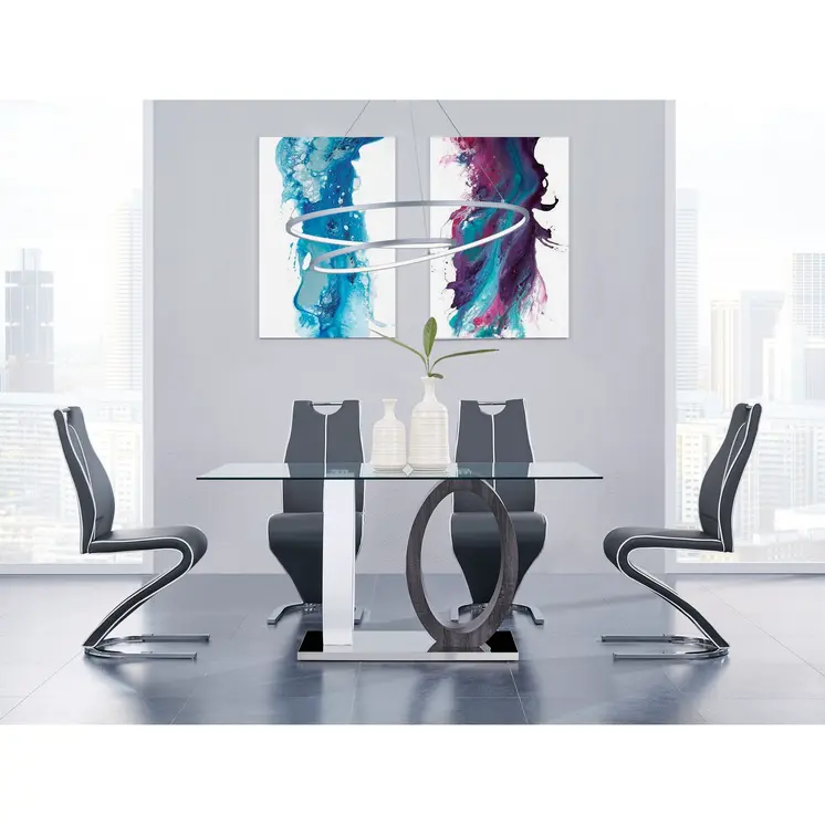 63" Clear Gray and White Glass And Metal Double Pedestal Base Dining Table