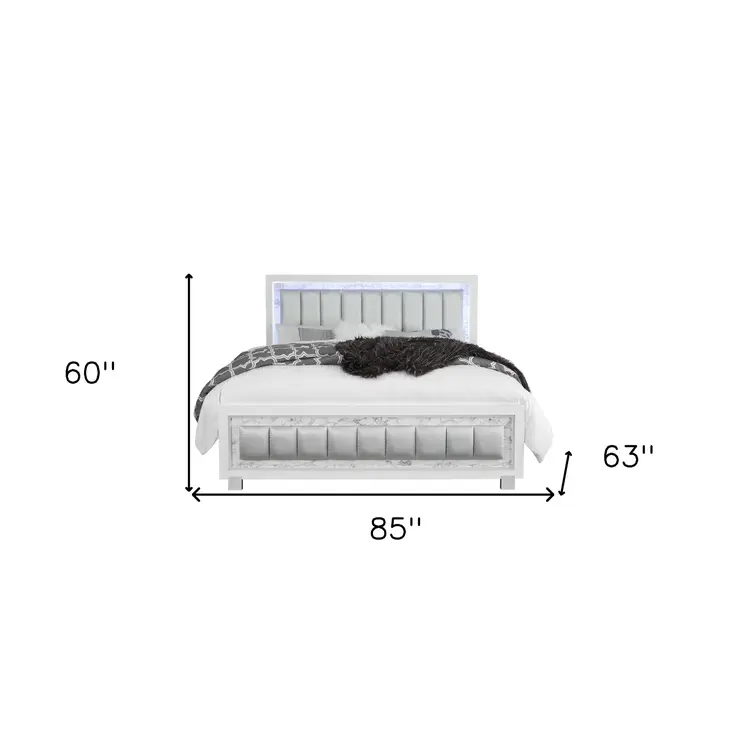 White Solid Wood And Faux Leather Lighted King Bed Frame With No