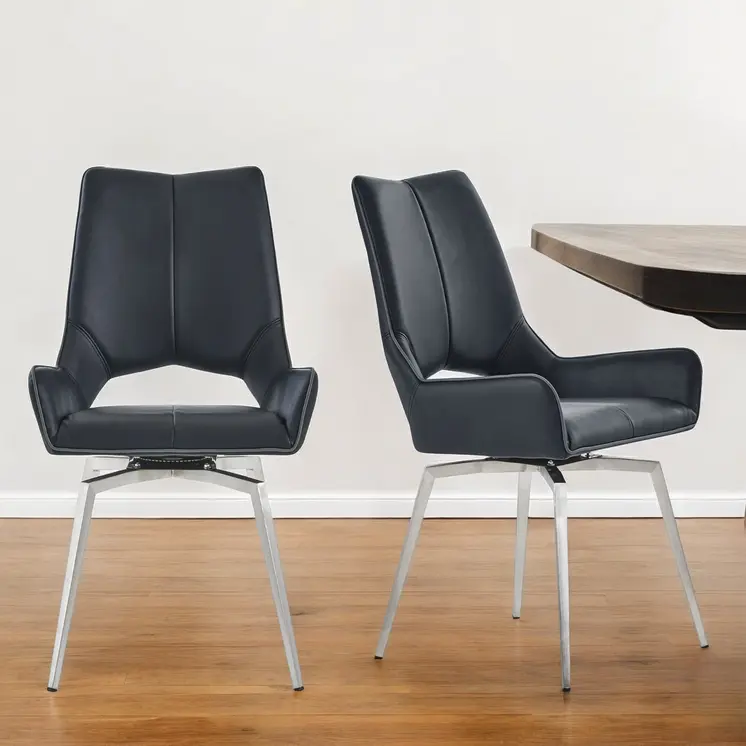 Set of Two Black and Silver Upholstered Faux Leather Dining Side Chairs