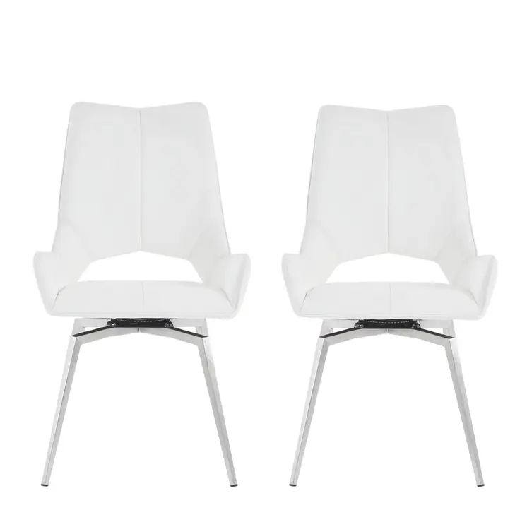 Set of Two Tufted White And Silver Upholstered Faux Leather Dining Arm Chairs