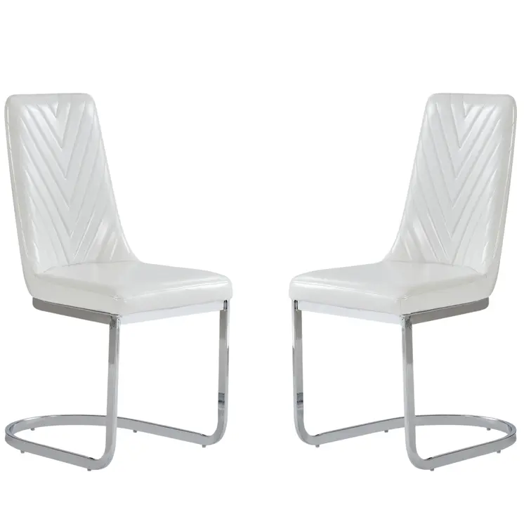 Set of Two White and Silver Upholstered Dining Side Chairs