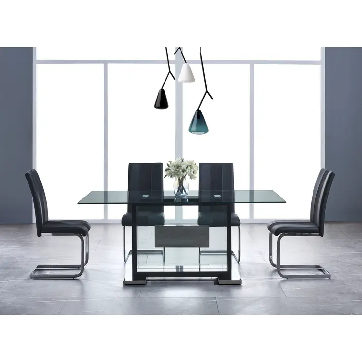 Set of Four Black and Silver Upholstered Faux Leather Dining Side Chairs