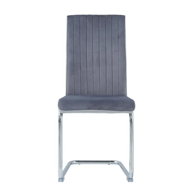 Set of Four Light Gray and Silver Upholstered Faux Leather And Velvet Dining Side Chairs
