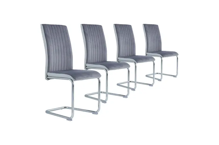 Set of Four Light Gray and Silver Upholstered Faux Leather And Velvet Dining Side Chairs