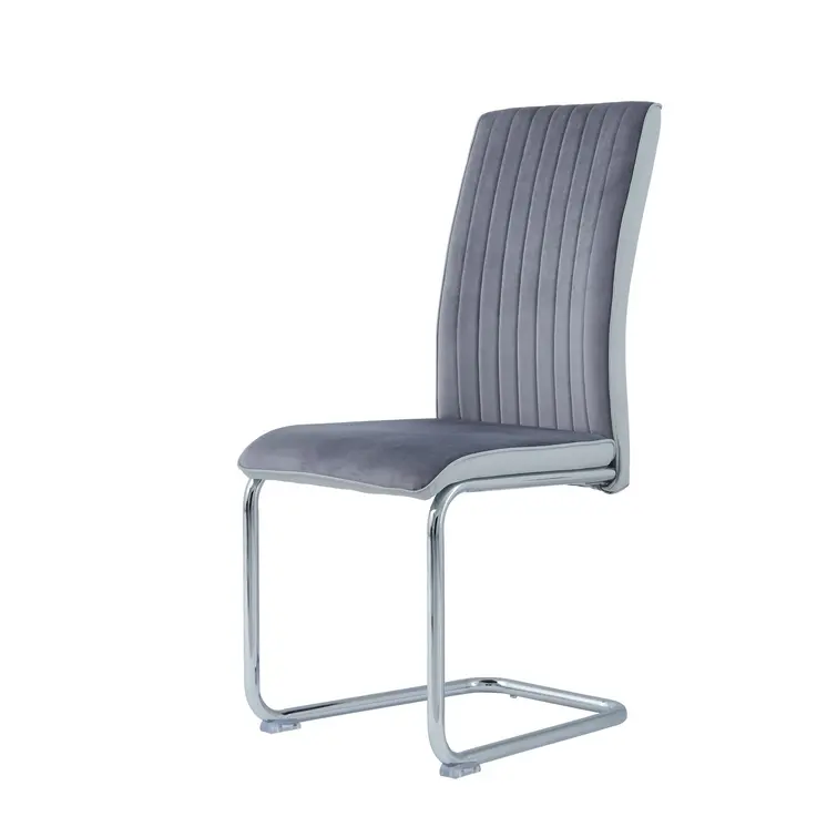 Set of Four Light Gray and Silver Upholstered Faux Leather And Velvet Dining Side Chairs