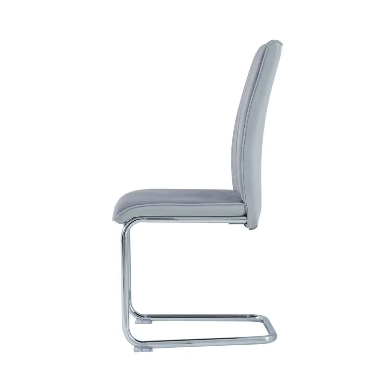Set of Four Light Gray and Silver Upholstered Faux Leather And Velvet Dining Side Chairs