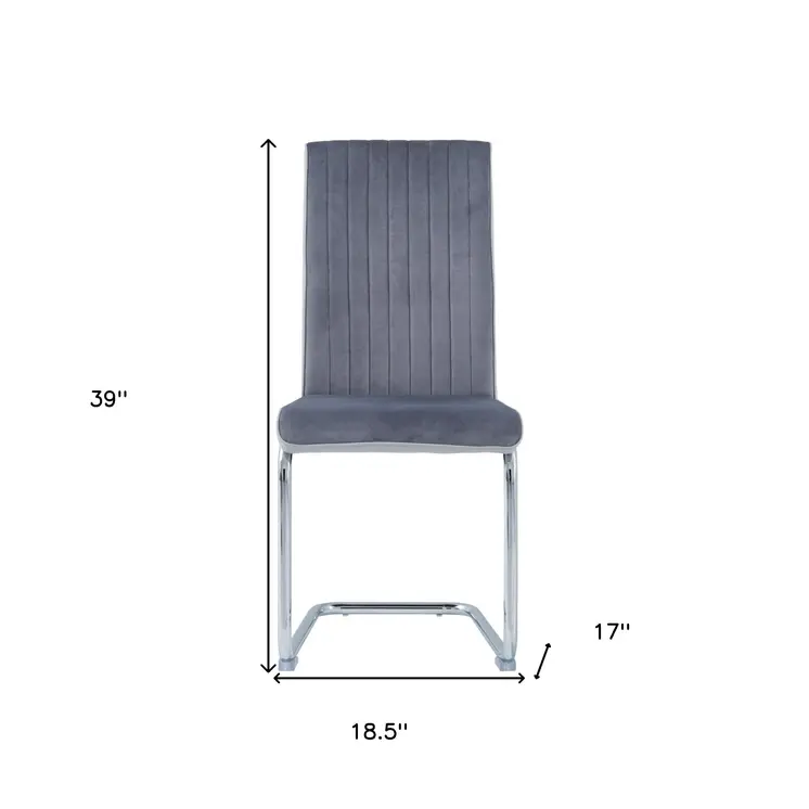 Set of Four Light Gray and Silver Upholstered Faux Leather And Velvet Dining Side Chairs
