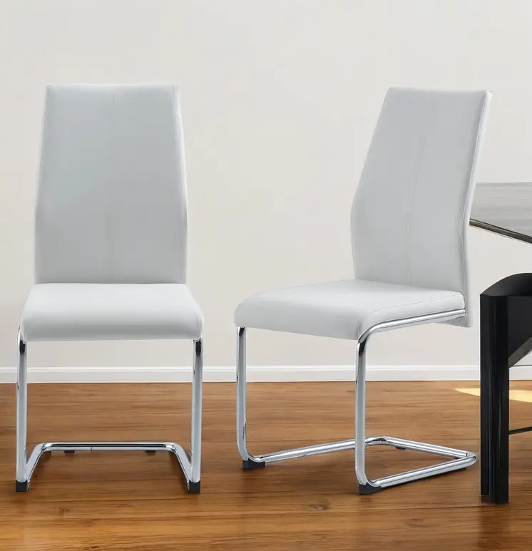 Set of Four White and Silver Upholstered Faux Leather Dining Side Chairs